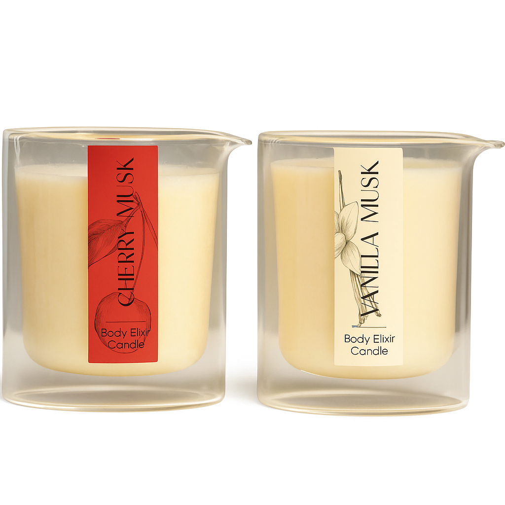 Two body elixir candles with labels for 'Cherry Musk' and 'Vanilla Musk' on a white background.