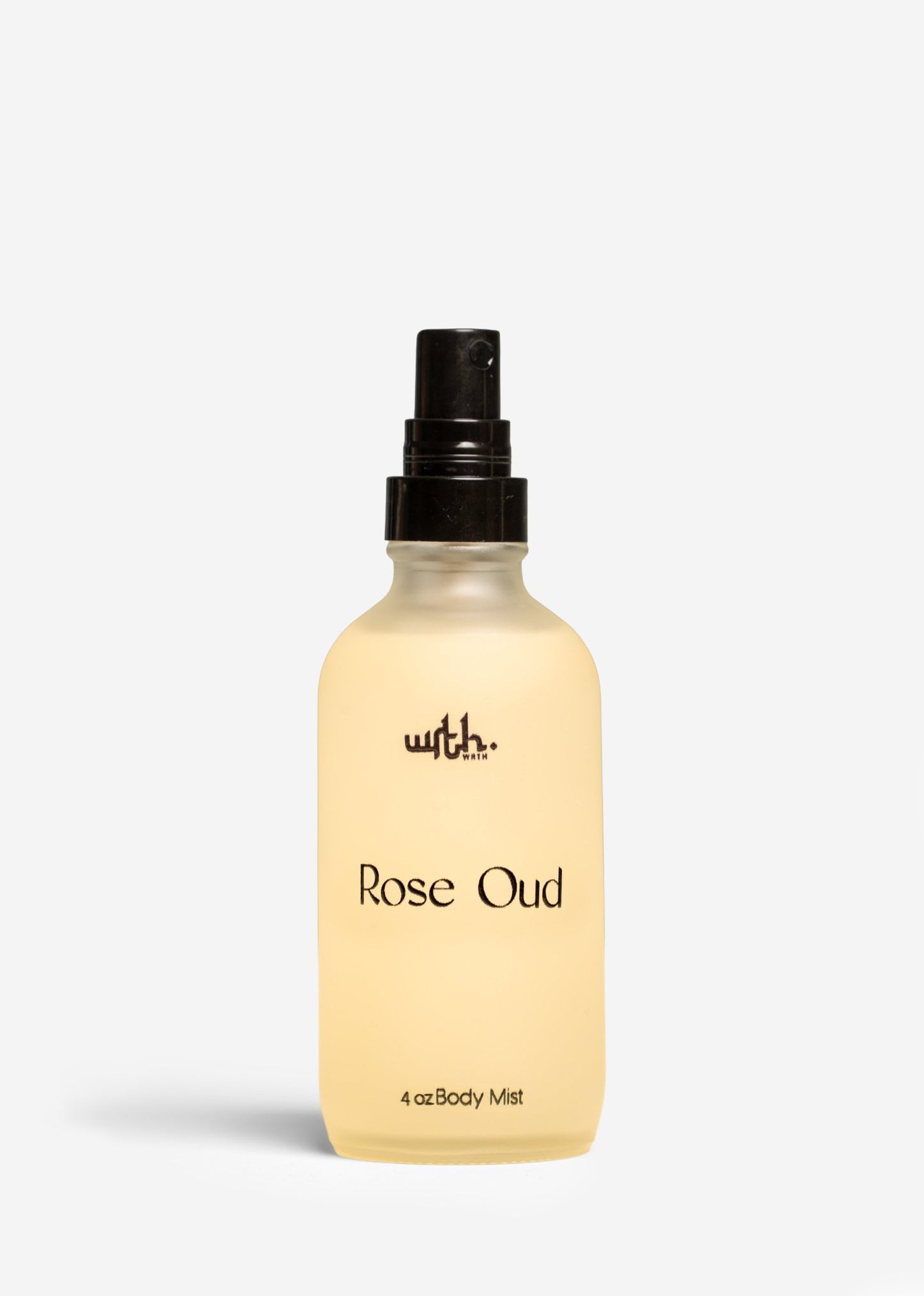 4 oz frosted bottle of WRTH.Studio Rose Oud body mist with black spray cap on white background