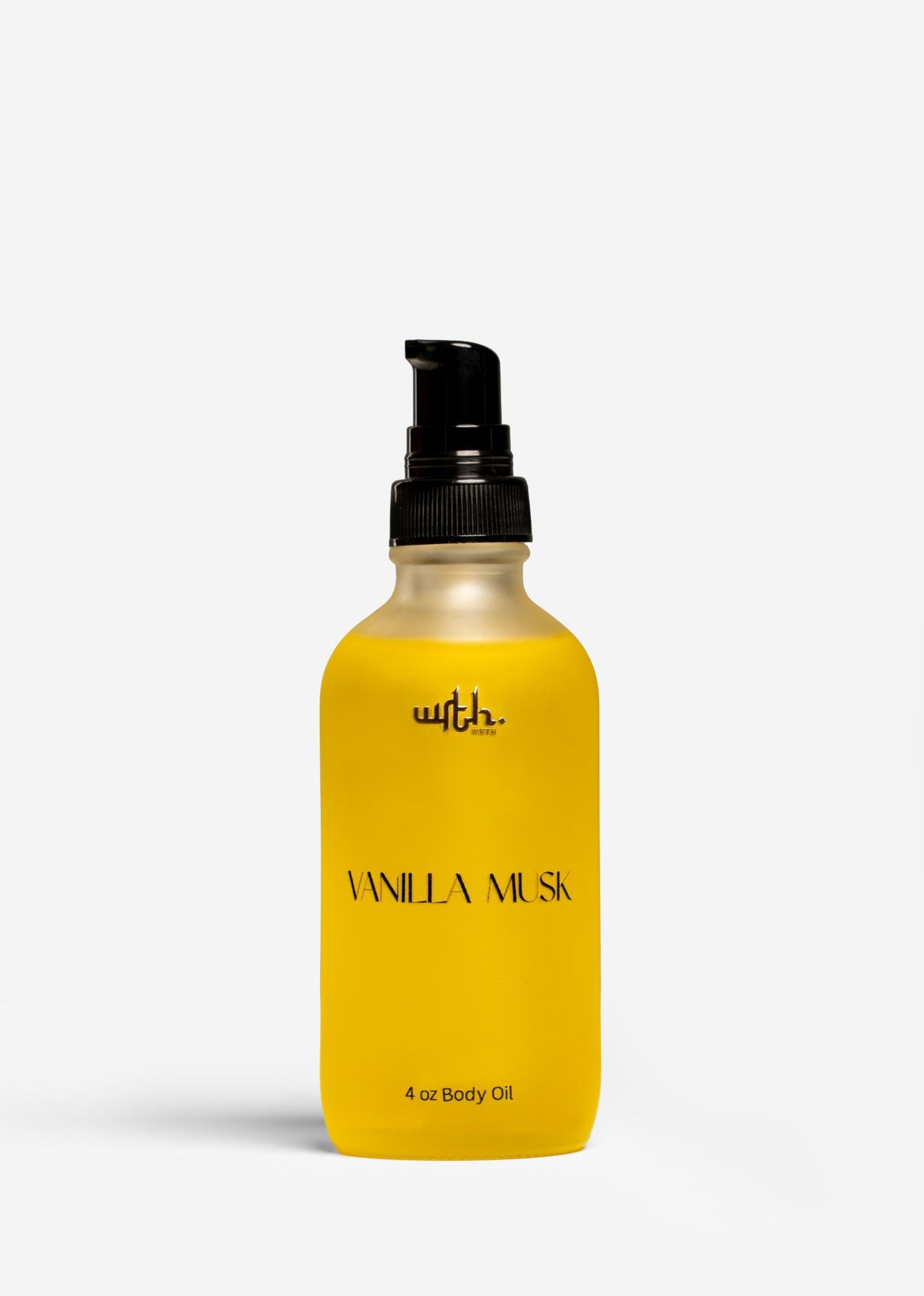 4 oz Vanilla Musk body oil in a yellow frosted glass bottle with black pump dispenser