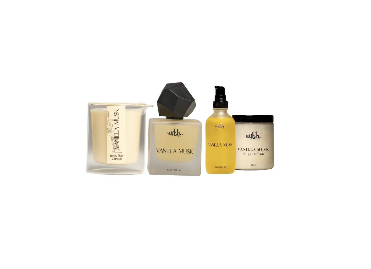 Vanilla Musk ritual set with body elixir candle, eau de parfum, body oil, and sugar scrub from WRTH studio
