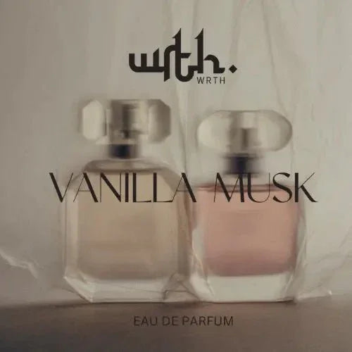 WRTH brand Vanilla Musk eau de parfum with two elegant glass perfume bottles on neutral background