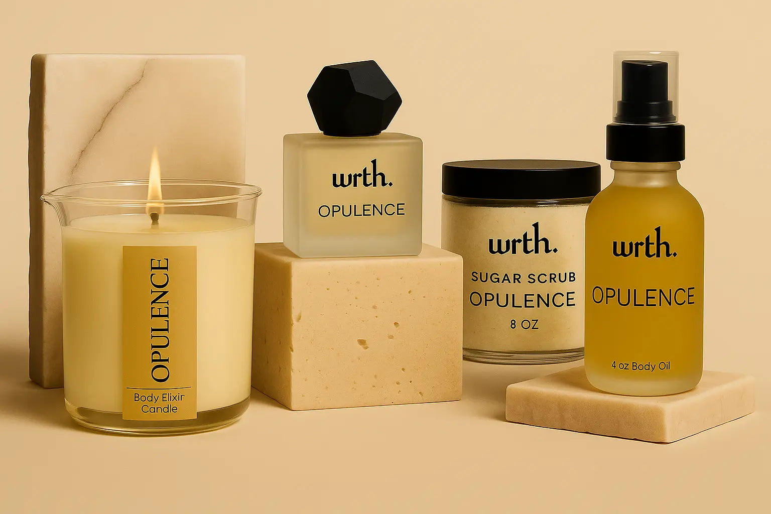 opulence bundle, body elixir candle, perfume, sugar scrub and body oil