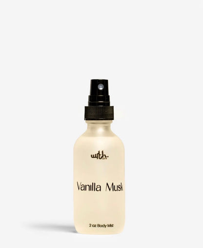 Body mist bottle labeled 'Vanilla Musk' with 'with' brand on a white background