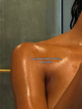 Shiny skin with text overlay on a neutral background