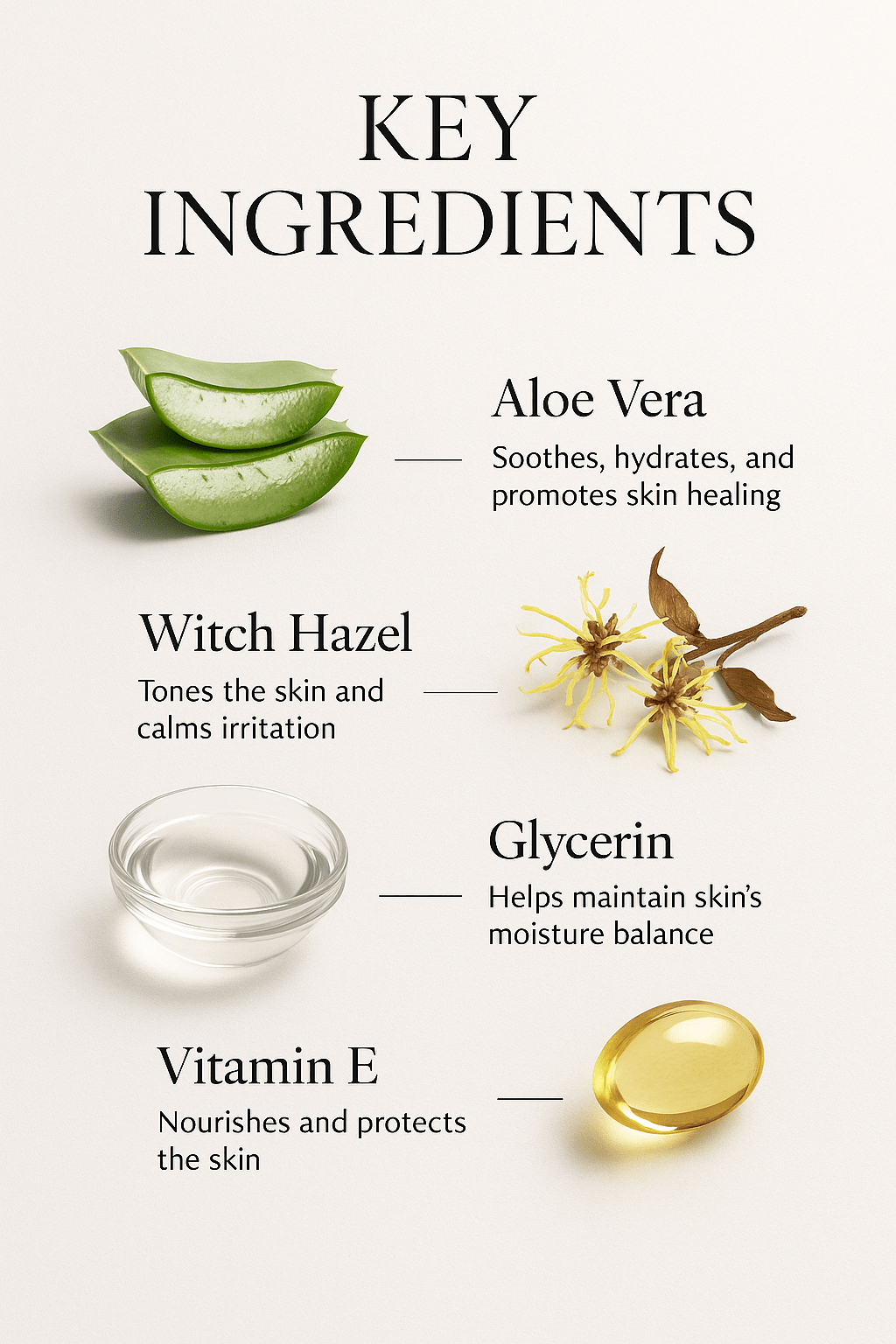 Key ingredients of skincare products including aloe vera, witch hazel, glycerin, and vitamin E with benefits listed