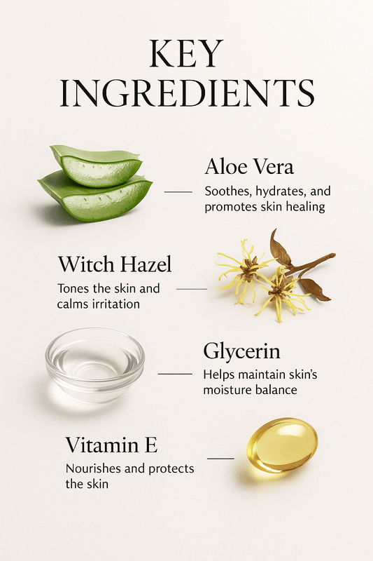 Key ingredients of skincare products including aloe vera, witch hazel, glycerin, and vitamin E with benefits listed