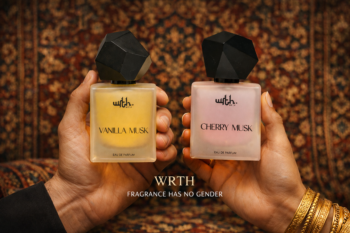 Two perfume bottles labeled 'Vanilla Musk' and 'Cherry Musk' held by hands against a patterned background.