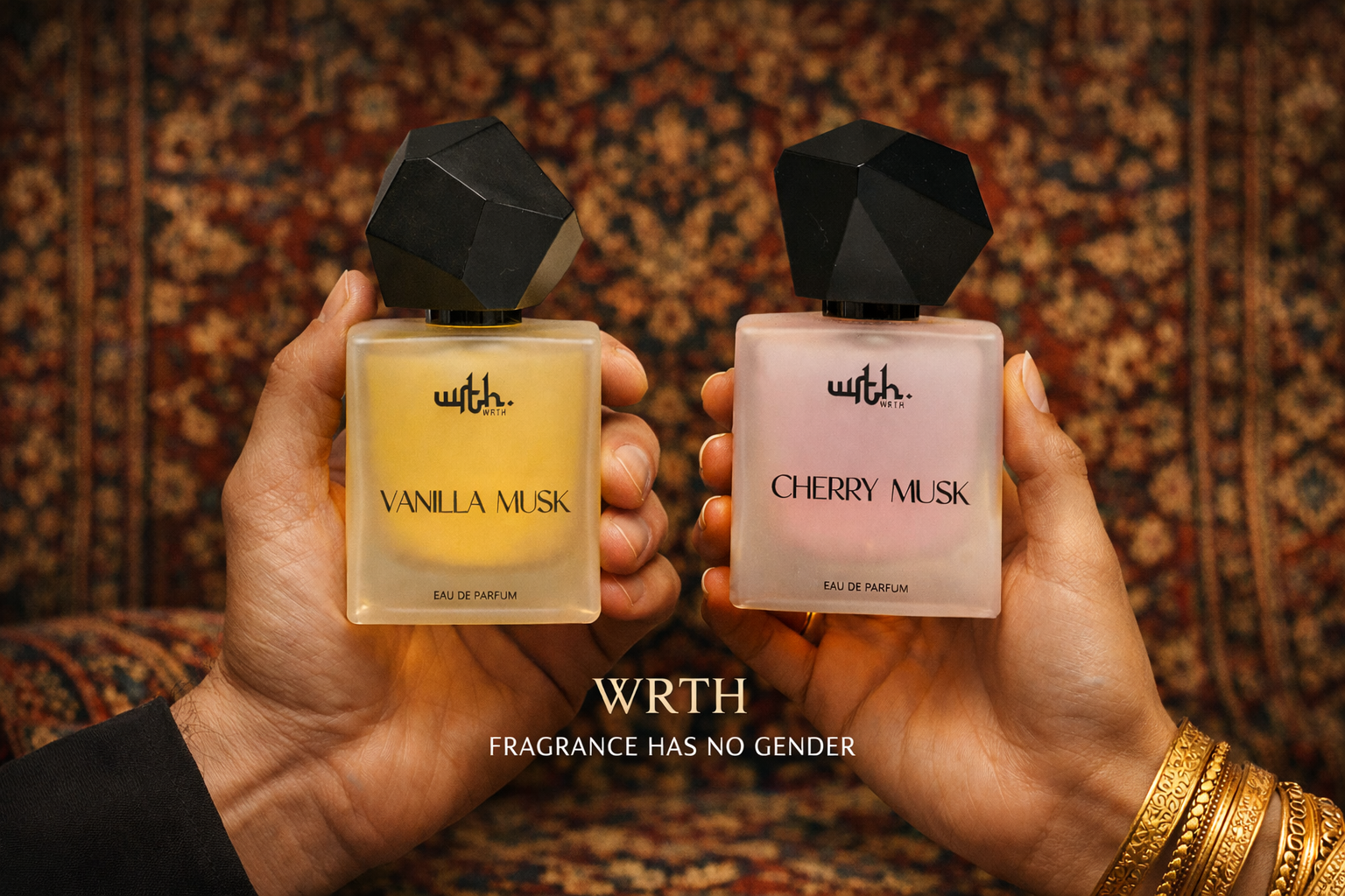 Two perfume bottles labeled 'Vanilla Musk' and 'Cherry Musk' held by hands against a patterned background.