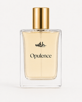 A clear rectangular glass perfume bottle filled with pale golden liquid, topped with a shiny gold cap. The bottle has black text reading 'with.