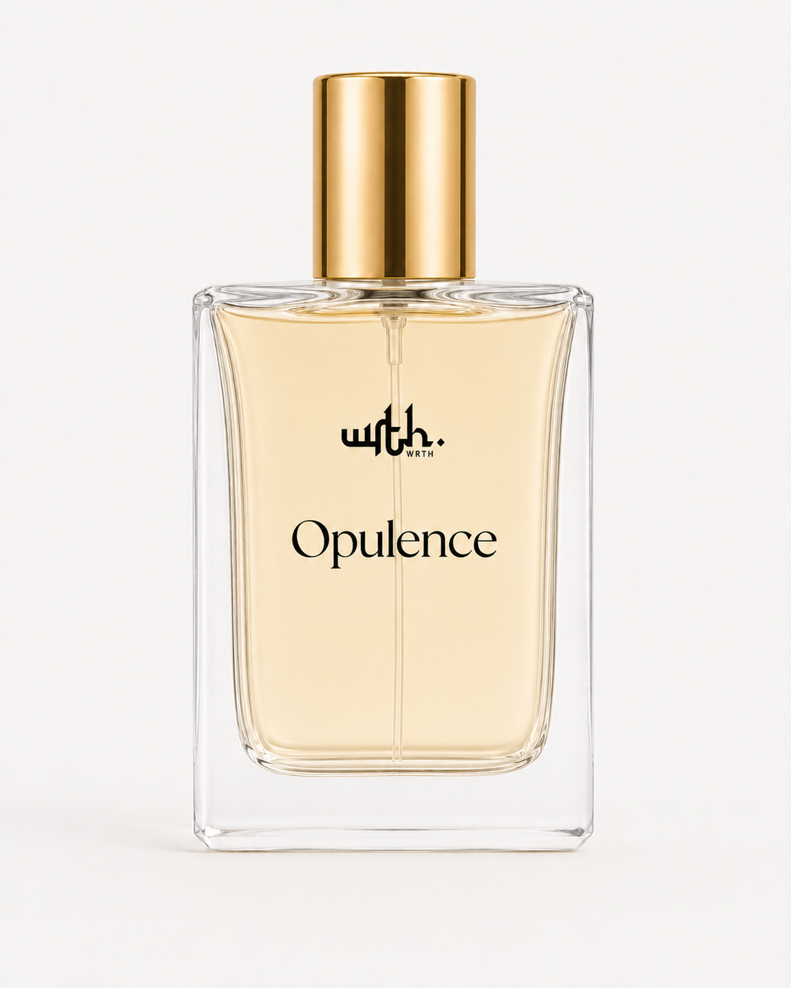 A clear rectangular glass perfume bottle filled with pale golden liquid, topped with a shiny gold cap. The bottle has black text reading 'with.