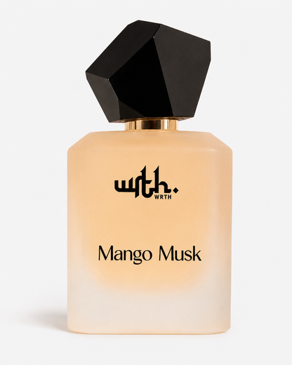 A bottle of Wth. Mango Musk fragrance with a frosted pale peach body, black faceted cap, and black printed branding on a light gray background.