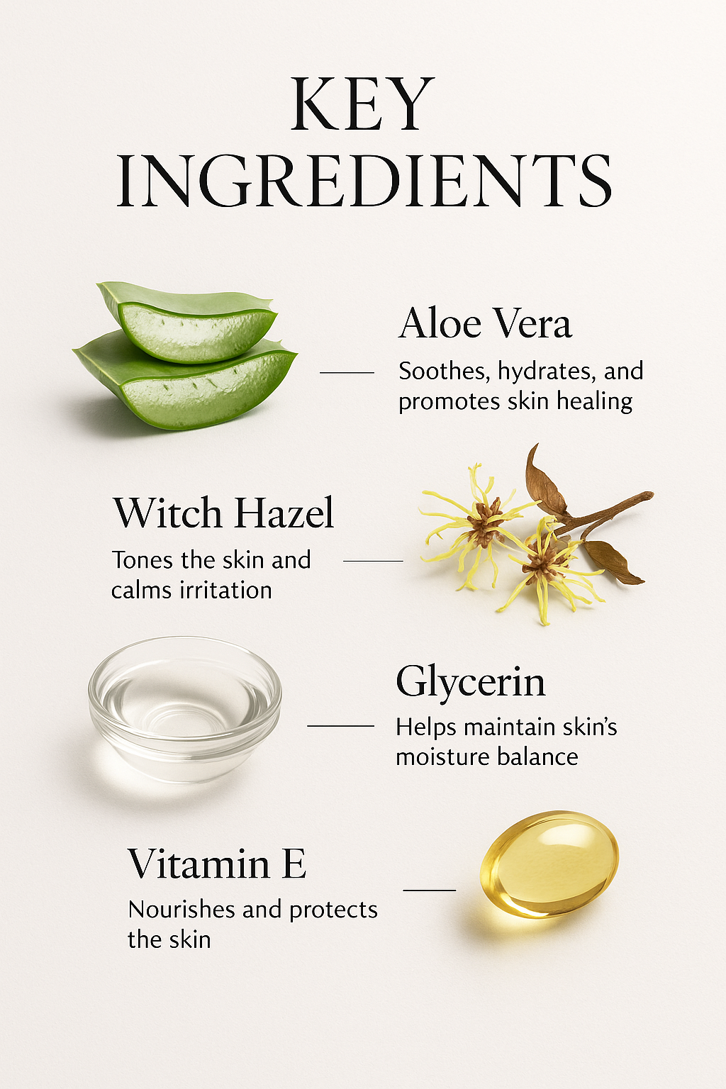 Key ingredients of skincare product with aloe vera, witch hazel, glycerin, and vitamin E on a white background.