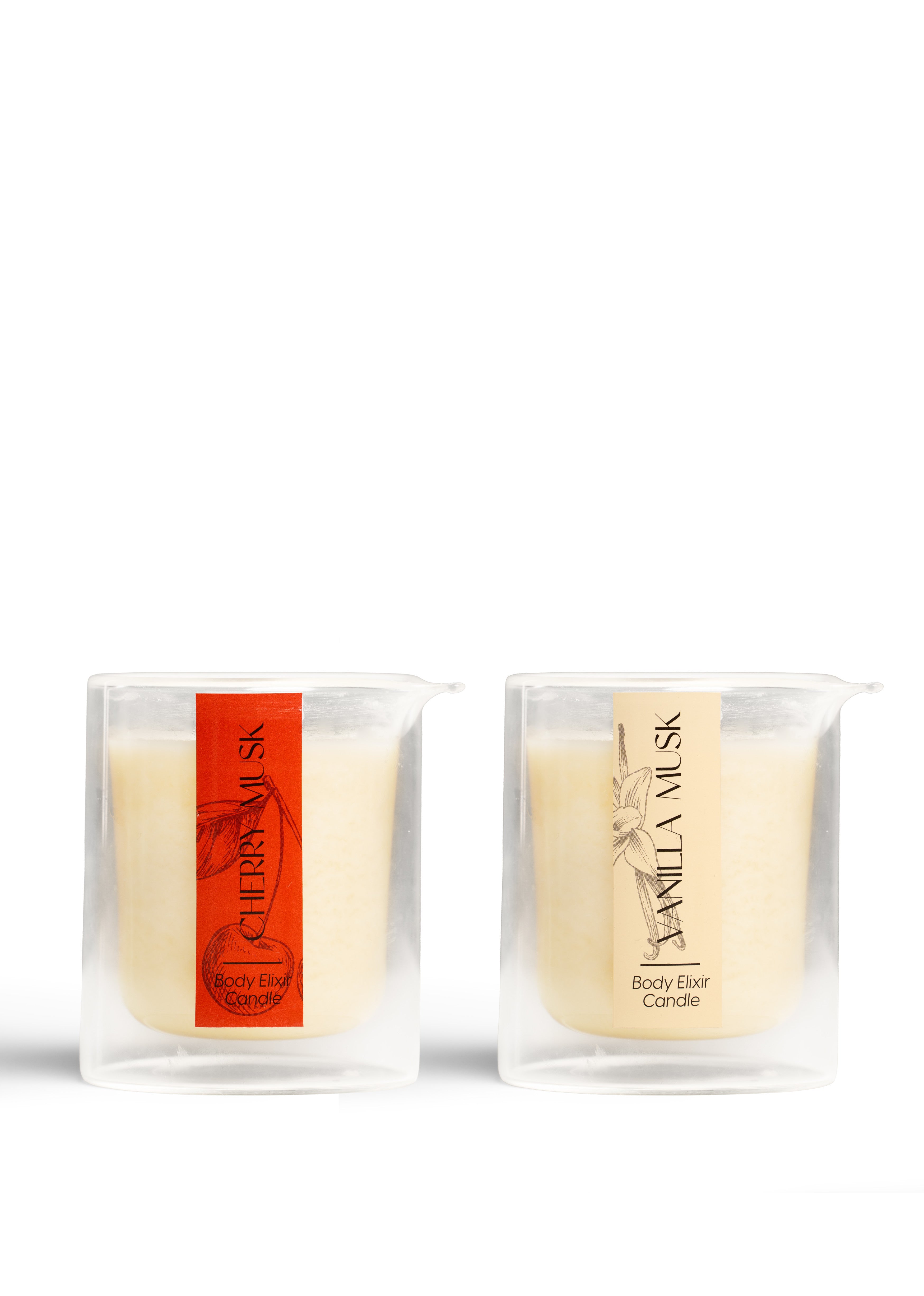 Two candles in clear containers with labels on a white background