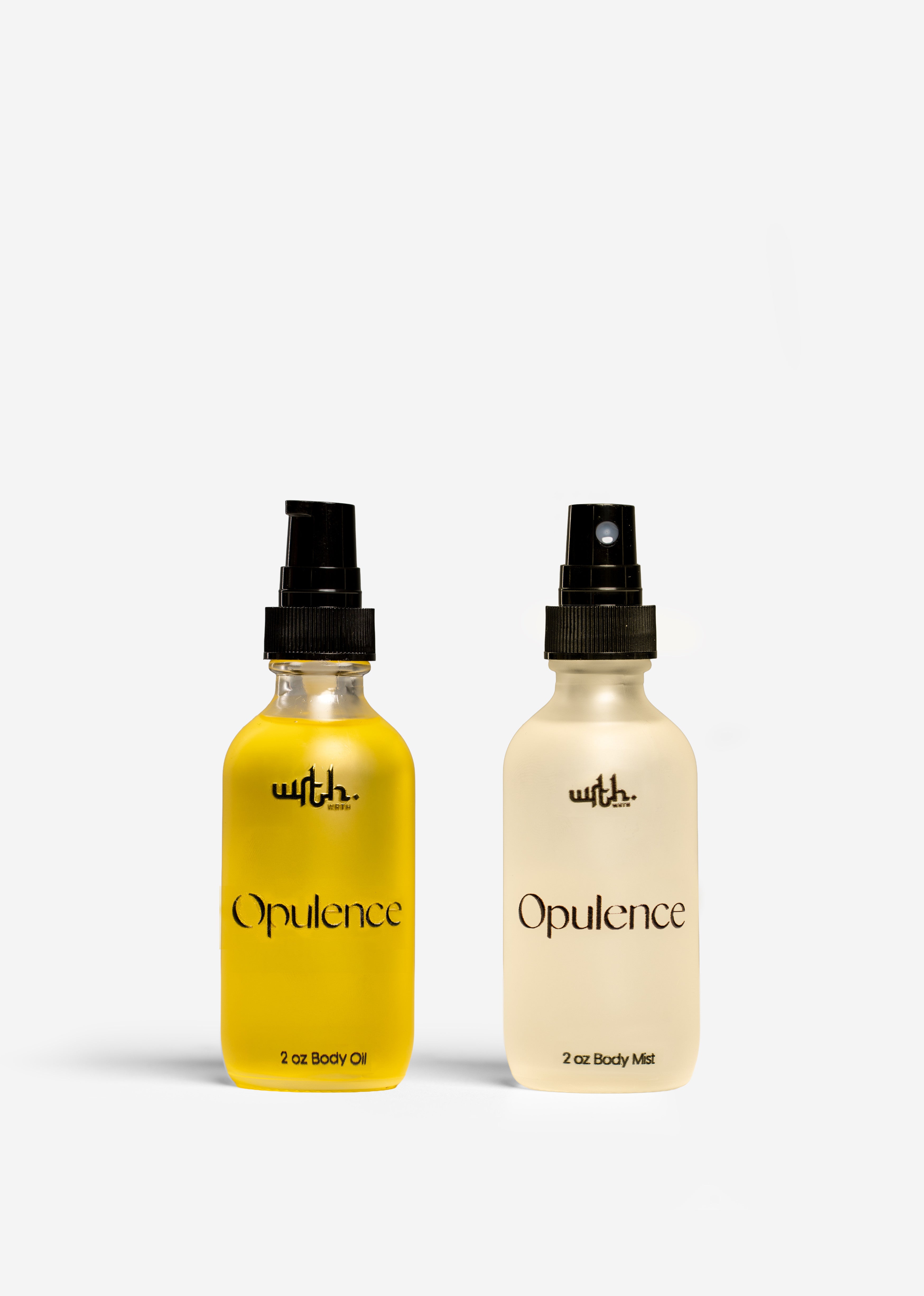 Two bottles of 'Opulence' body oil and milk on a white background