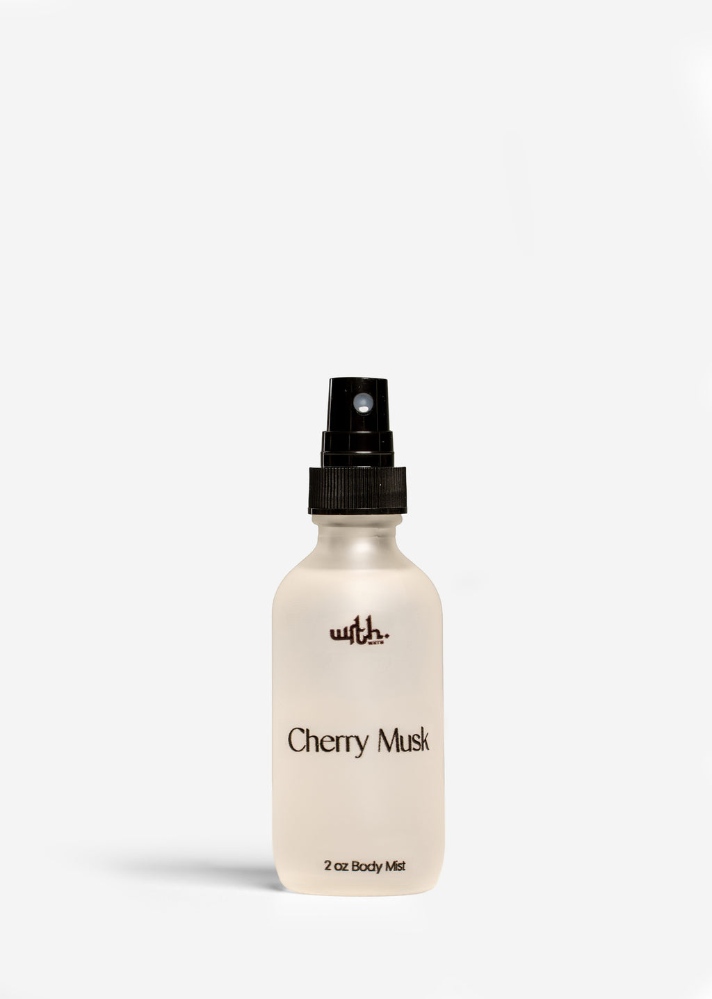 Body mist bottle labeled 'Cherry Musk' on a white background