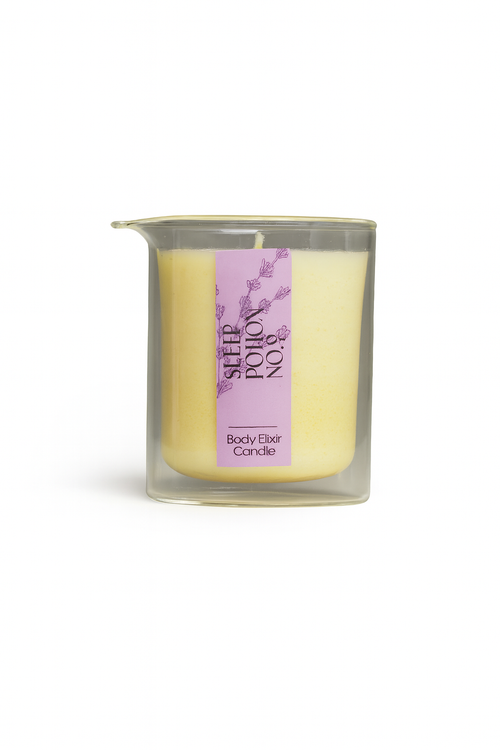 Candle in a glass jar with a purple label on a white background