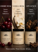 Three jars of 'with.' sugar scrub with cherry musk, vanilla musk, and opulence scents, surrounded by cherries, vanilla beans, and an orchid.
