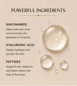 Cosmetic product with water droplets and text about niacinamide, hyaluronic acid, and peptides on a beige background.