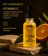 C-Elixir Vitamin C Brightening Face Oil bottle with key ingredient information on a dark background.