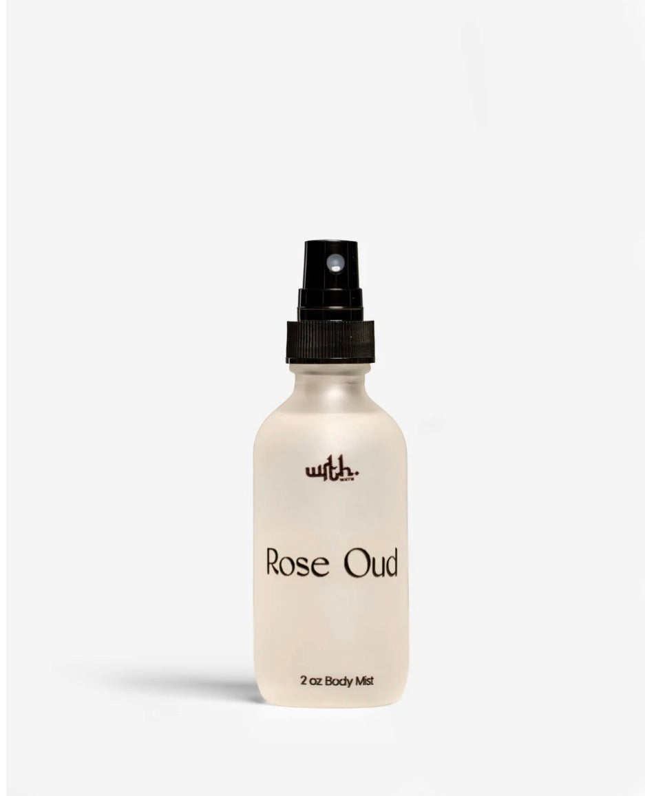 Body mist bottle labeled 'Rose Oud' on a white background