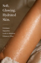 Glossy skin with exfoliation product, text about skin benefits.