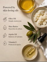 Cosmetic ingredients including olive oil, shea butter, jojoba oil, and vitamin E with dropper on a light background.