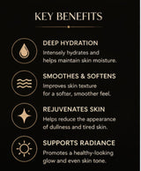 Key benefits of a skincare product on a black background