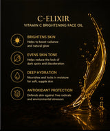C-Elixir Vitamin C Brightening Face Oil packaging with features on a black background