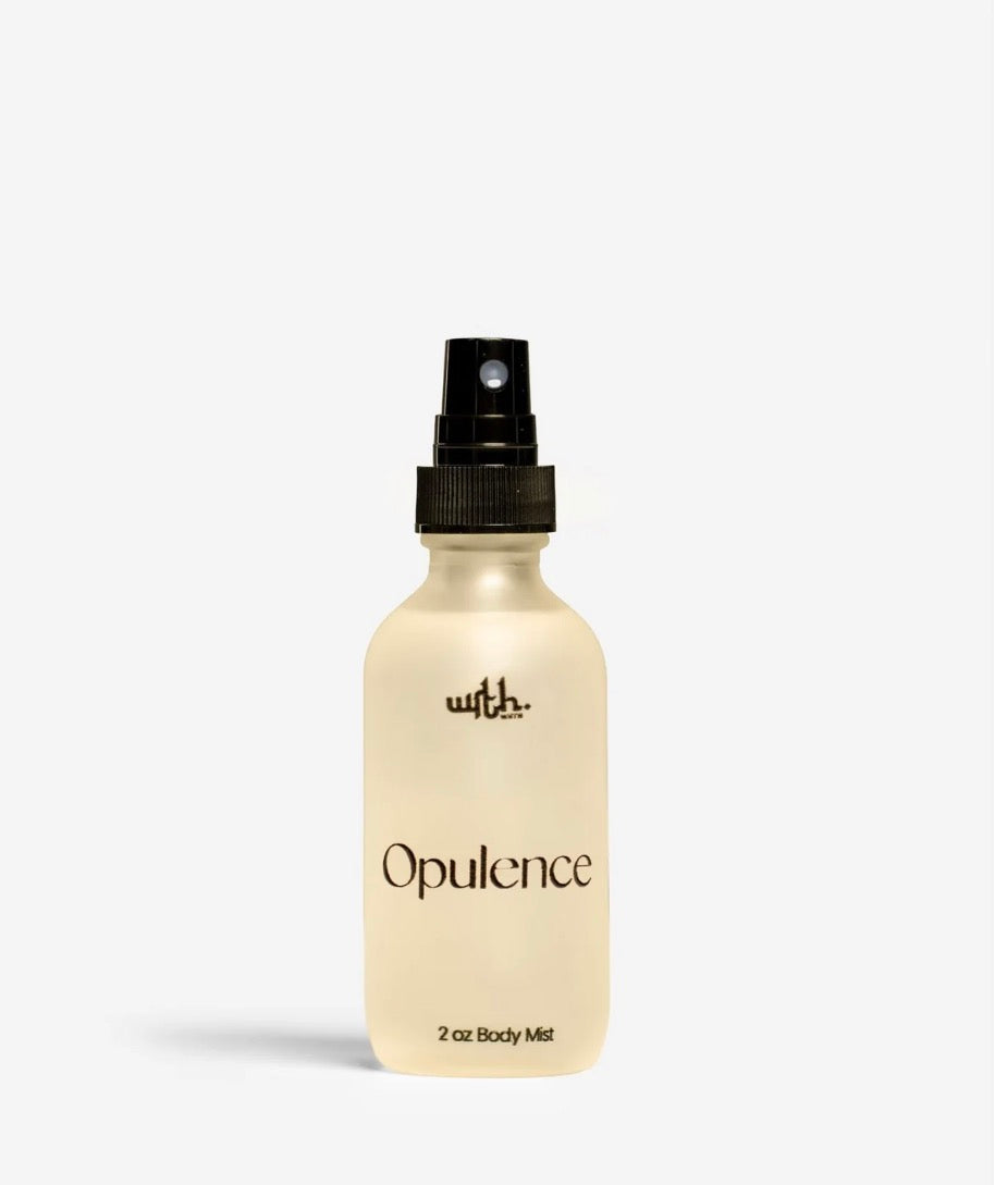 Body mist bottle labeled 'Opulence' on a white background