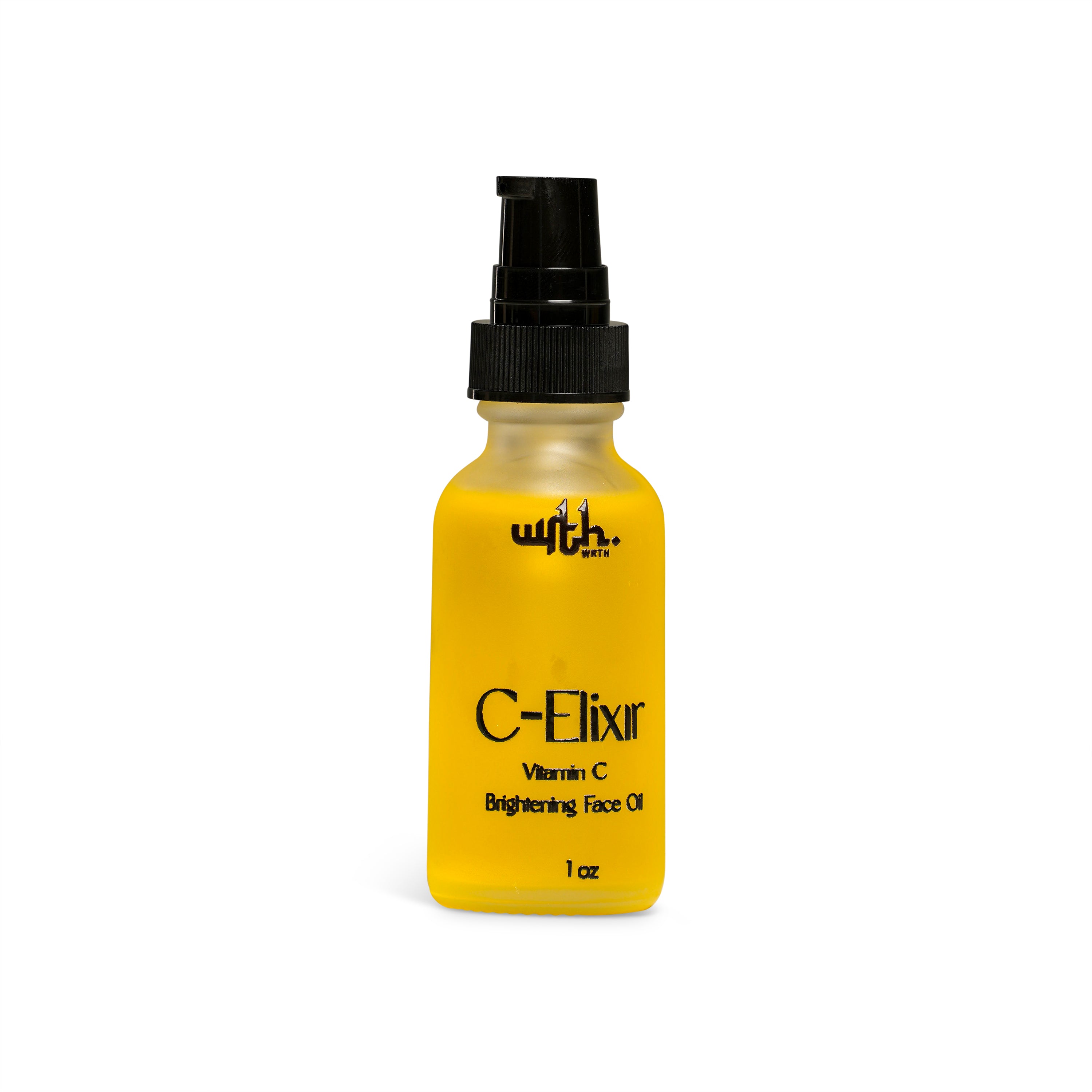 Yellow bottle of C-Elixir with a black pump on a white background