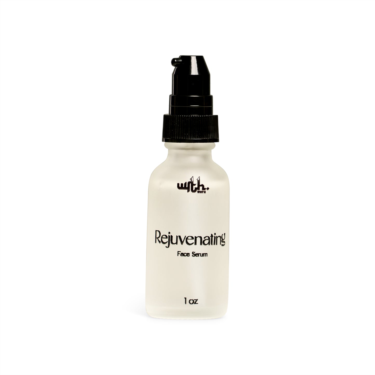 Bottle of Rejuvenating Face Serum with a black pump on a white background
