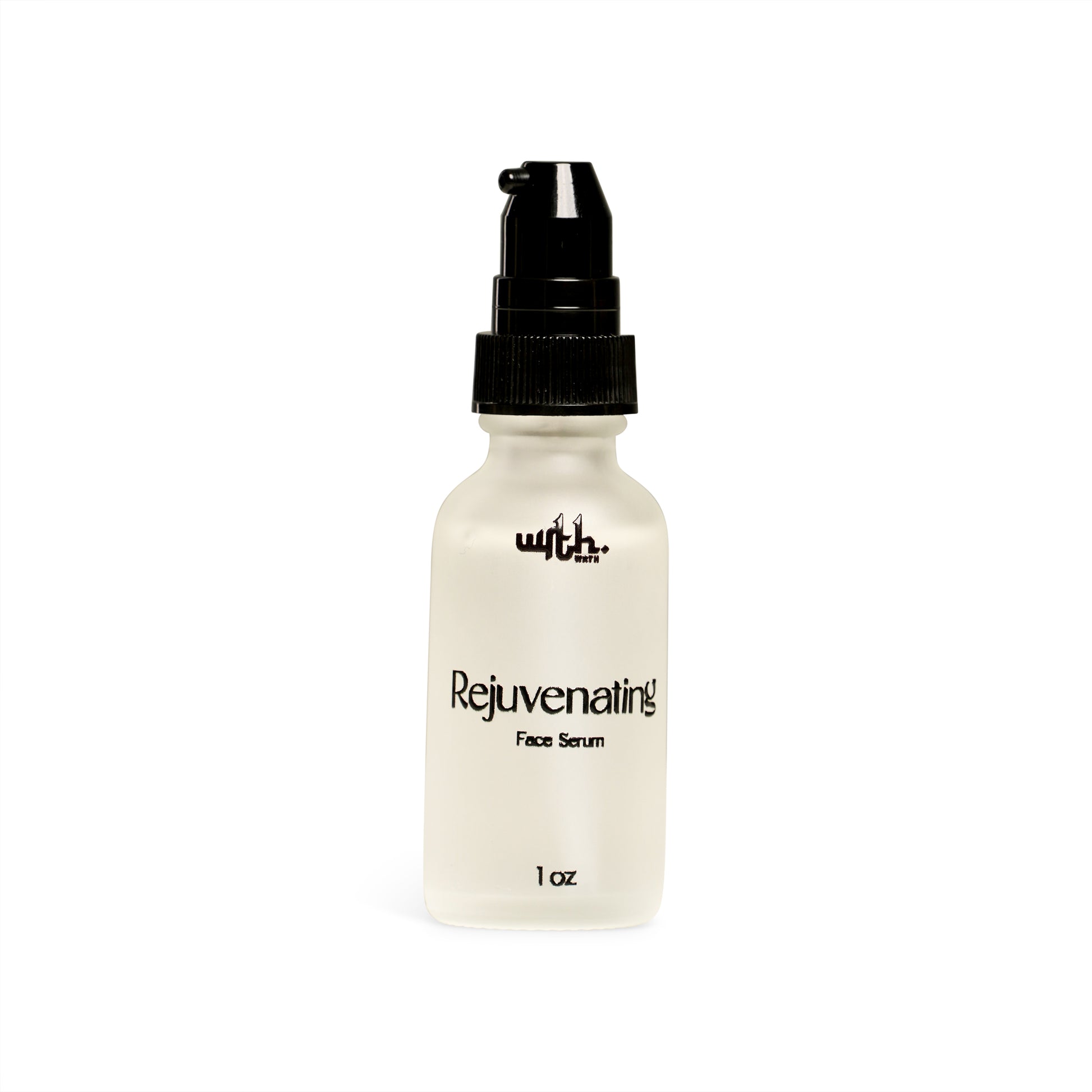 Bottle of Rejuvenating Face Serum with a black pump on a white background