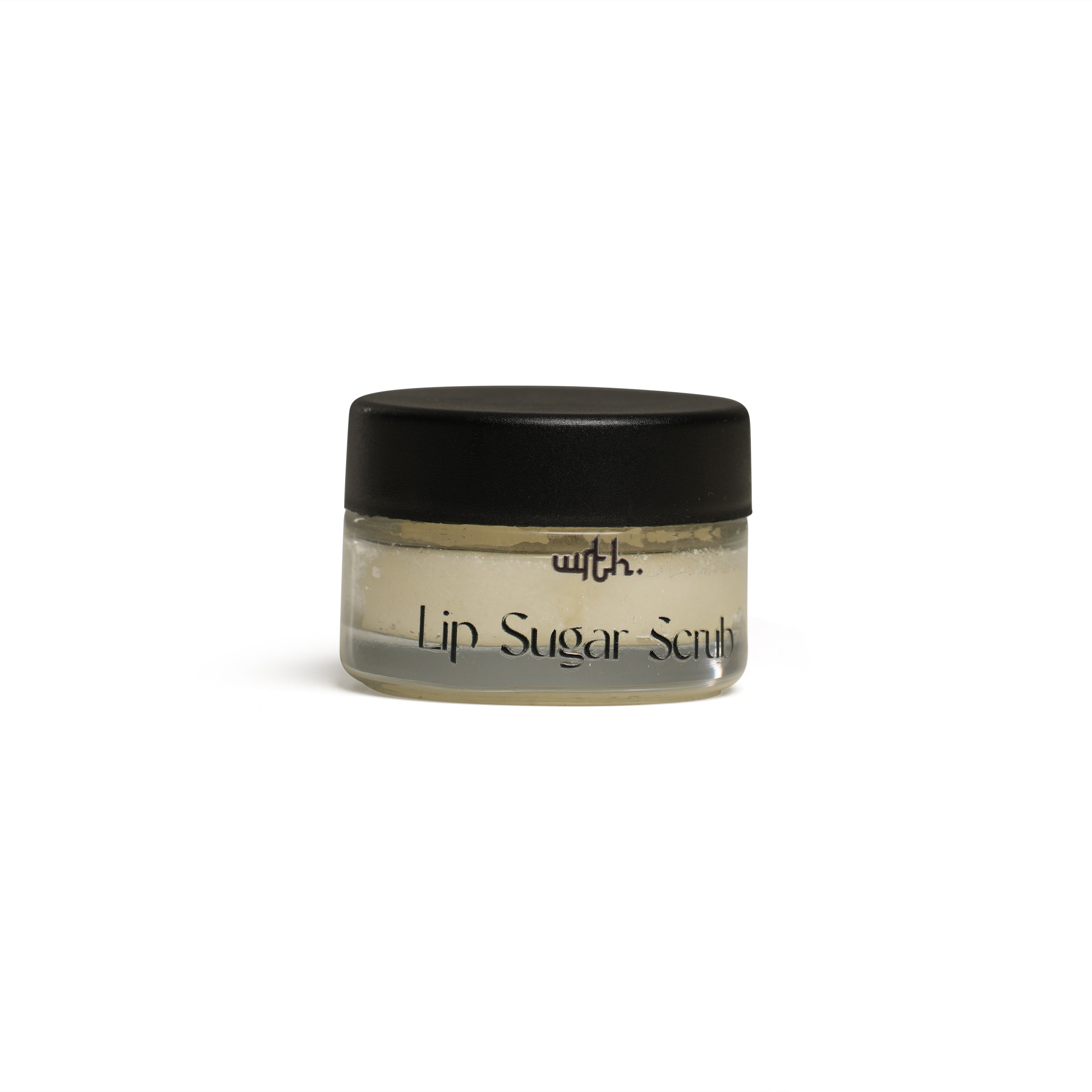Jar of lip sugar scrub with a black lid on a white background