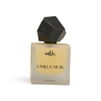 Perfume bottle labeled 'Vanilla Musk' with a black cap on a white background