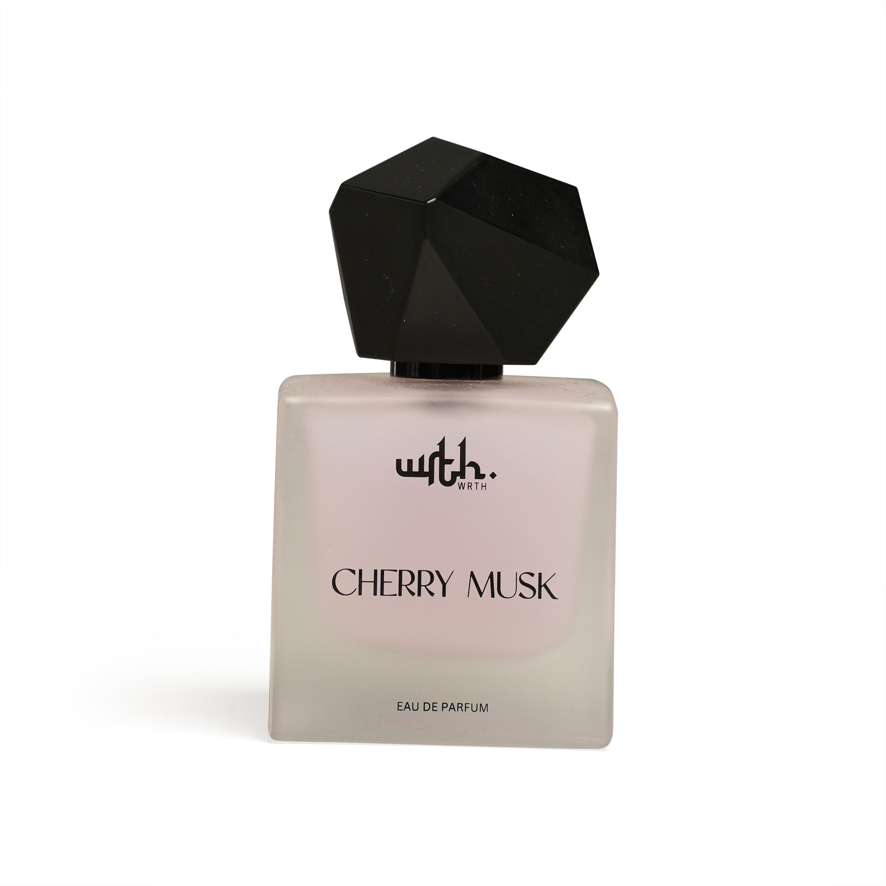 Perfume bottle labeled 'Cherry Musk' with a black cap on a white background