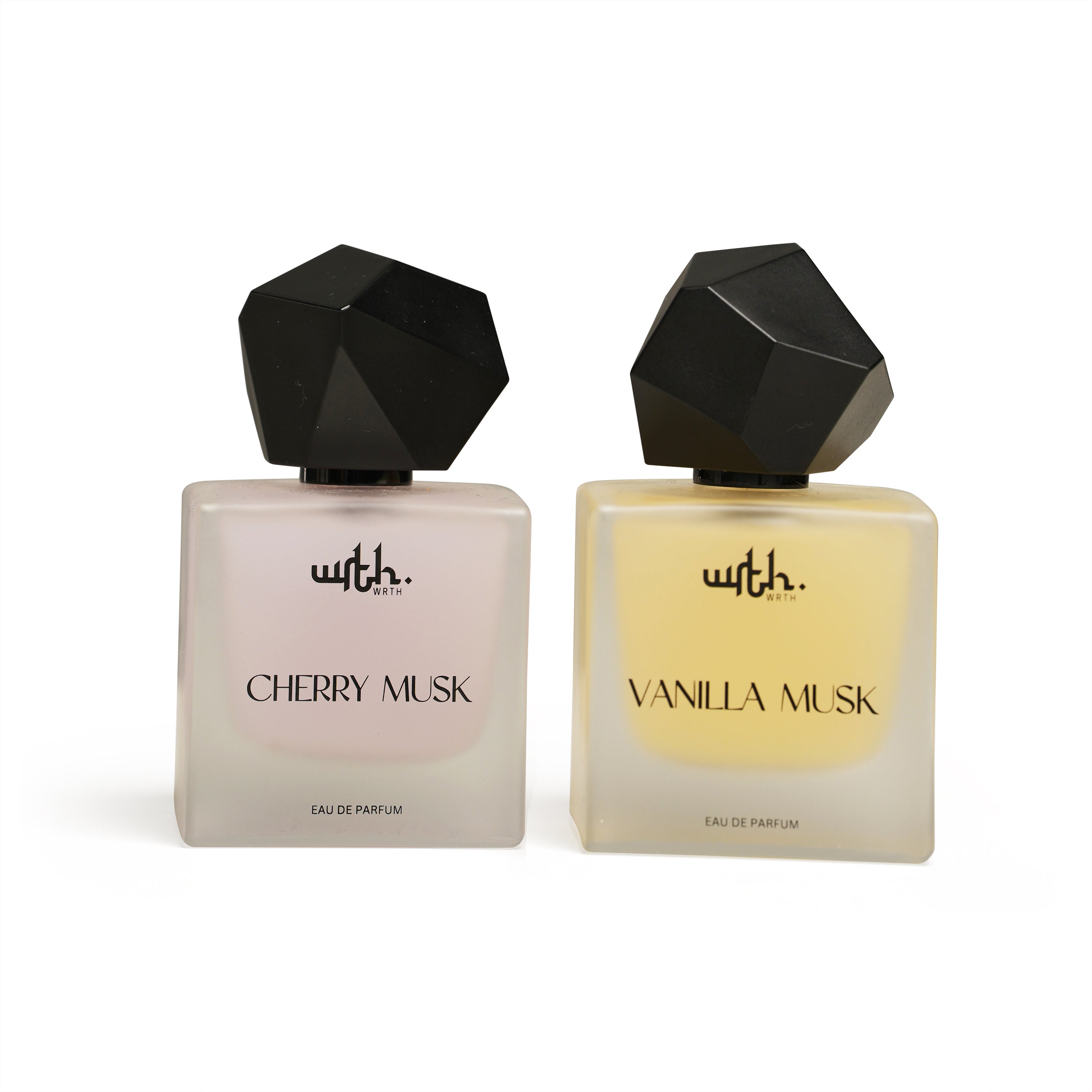 Two perfume bottles labeled 'Cherry Musk' and 'Vanilla Musk' with black caps on a white background.