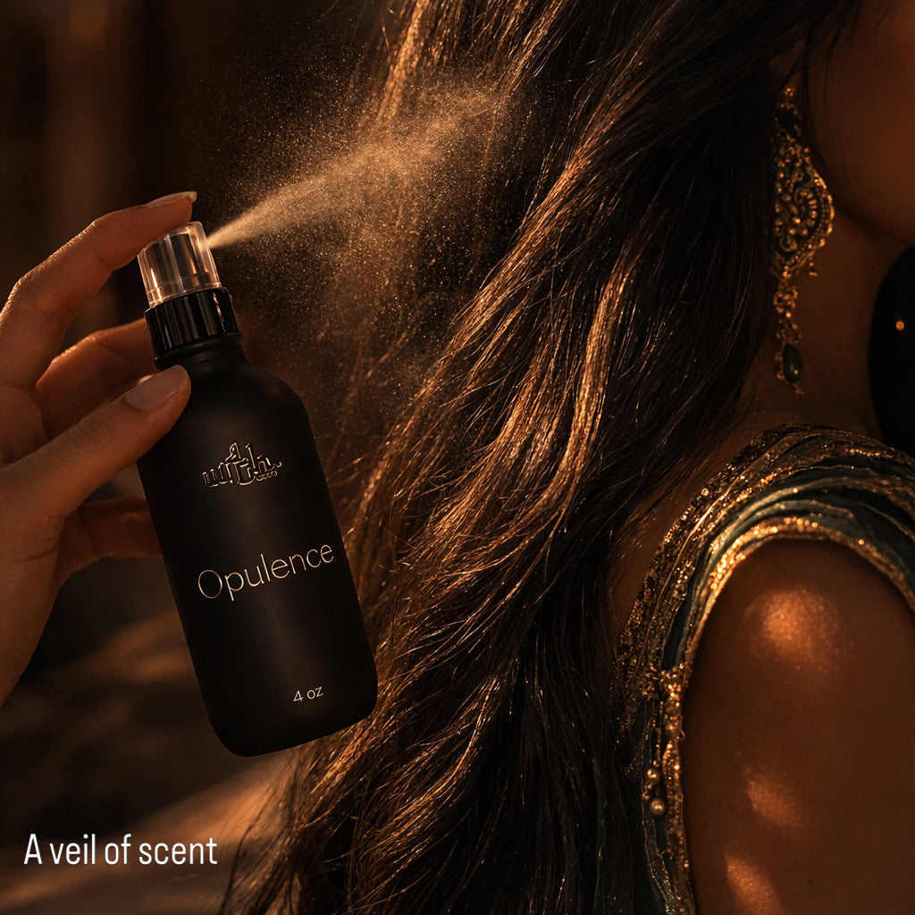 Person spraying 'Opulence' perfume on their hair with a dark background