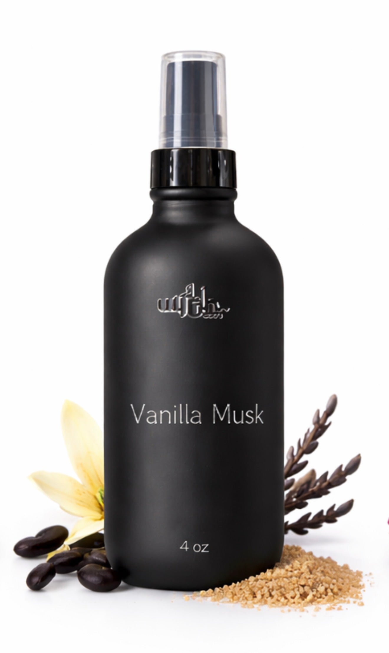 Black spray bottle labeled 'Vanilla Musk' with decorative elements on a white background