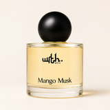 Mango Musk perfume bottle on warm off-white background