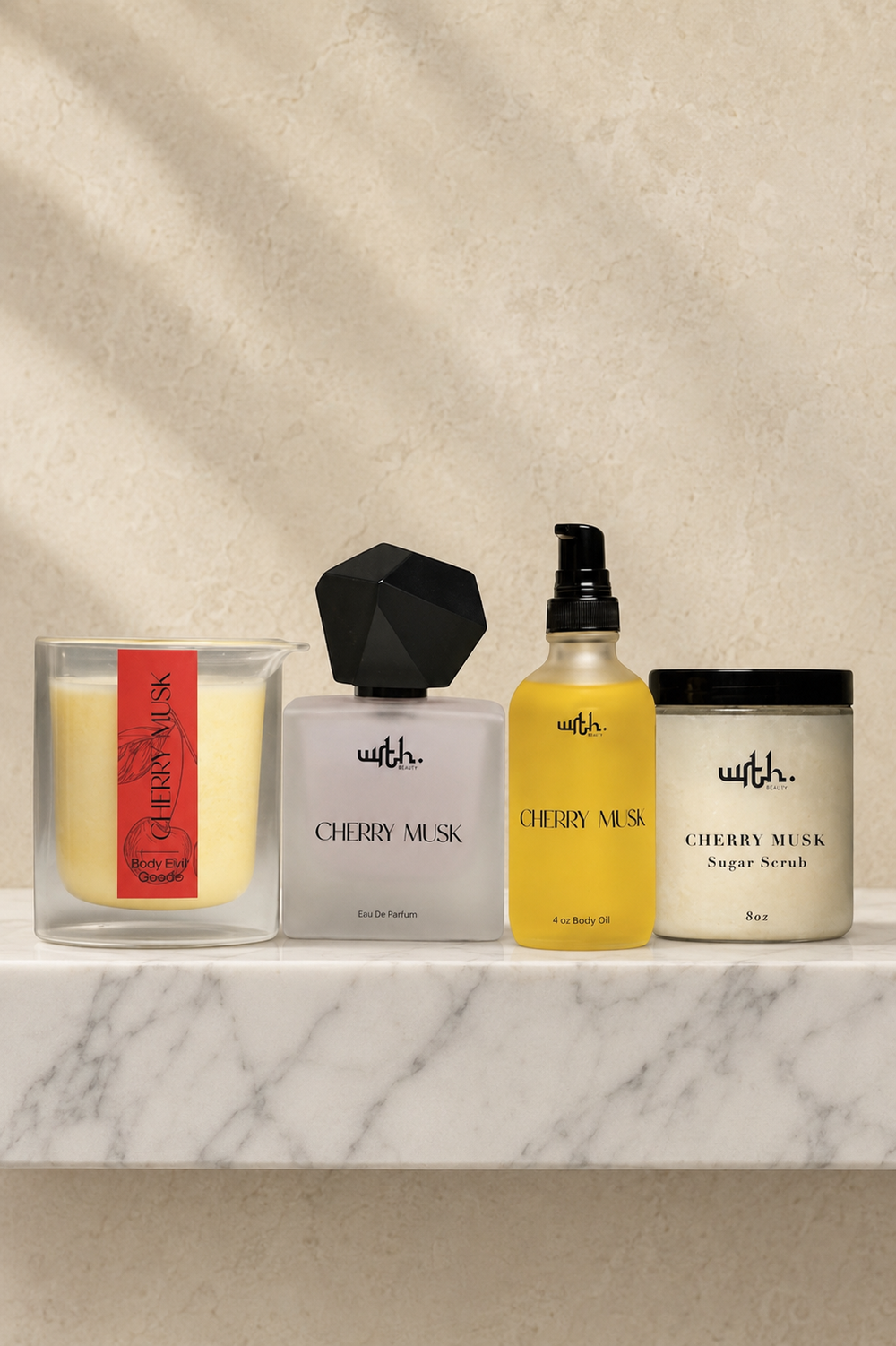  Cherry musk ritual set candle, perfume, body oil and sugar scrub 