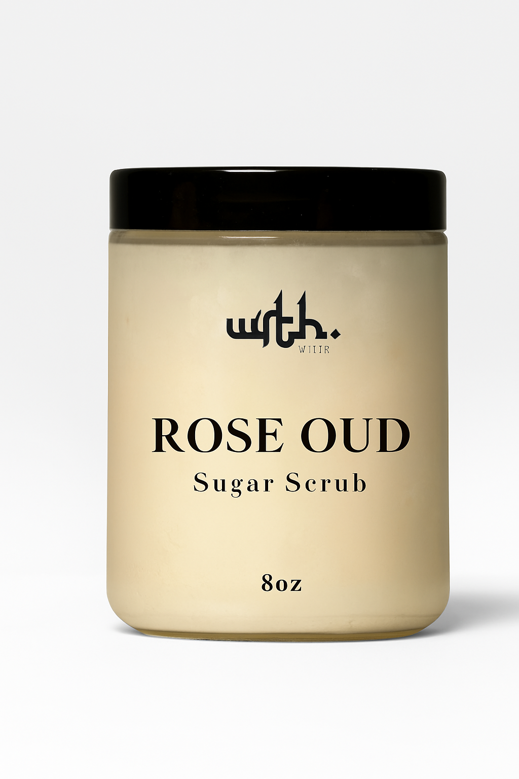 Jar of 'Rose Oud' sugar scrub with 'with.' branding on a white background