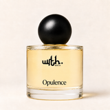 WRTH Opulence Eau de Parfum, 1.7 oz clear glass bottle with a matte black spherical cap on a warm cream background