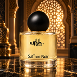 WRTH Saffron Noir Eau de Parfum against an ornate, warm-toned backdrop with gold architectural details