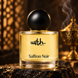 WRTH Saffron Noir Eau de Parfum, 1.7 oz clear glass bottle with a matte black spherical cap