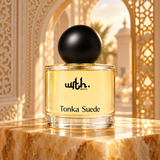WRTH Tonka Suede Eau de Parfum on polished marble in front of an ornate archway