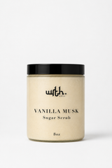 Vanilla Musk sugar scrub jar with black lid on a white background