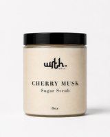 Jar of cherry musk sugar scrub with 'wrth.' branding on a white background