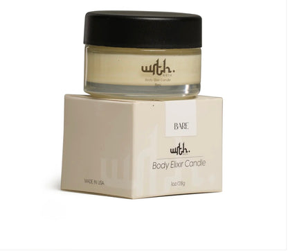 Body elixir candle in a jar with a black lid on a beige box, featuring the brand 'with.'