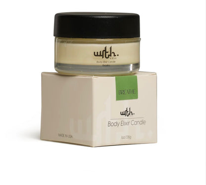 Body elixir candle in a jar with a black lid on top of its packaging box, featuring the brand 'with.'