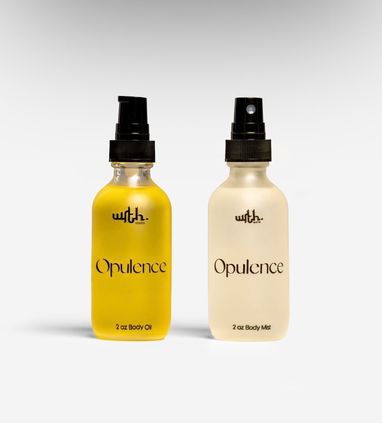 Two bottles of 'Opulence' body oil and mist on a white background